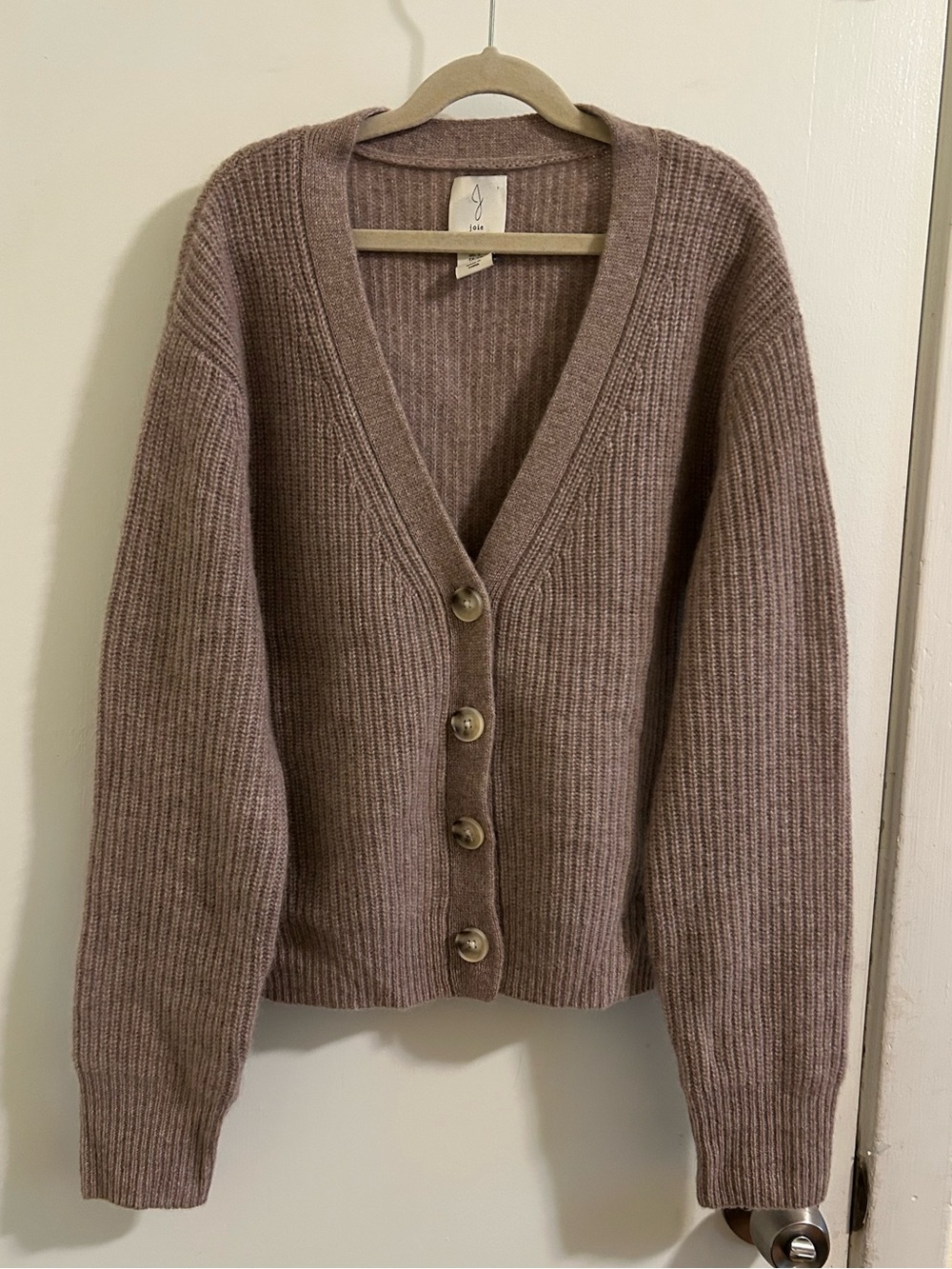 Joie 100% Cashmere Cardigan Sweater Ribbed Knit Champagne Beige Rosy Sand